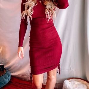 Red ruched long sleeve dress